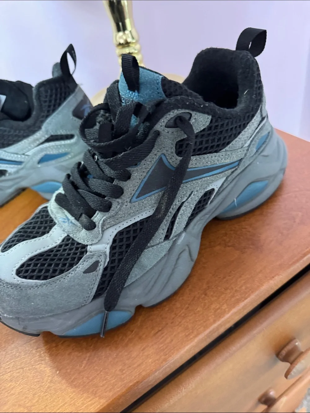 Reebok Gray and Black Athletic Sneakers with Blue Accents